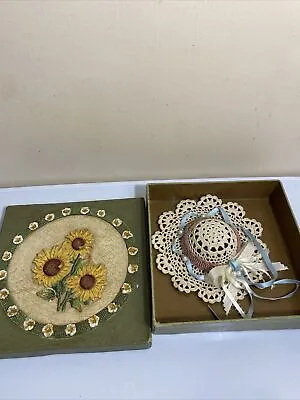 Vintage 5 1/2  Crochet Hat Doily In Old Sunflower Box • $14.99