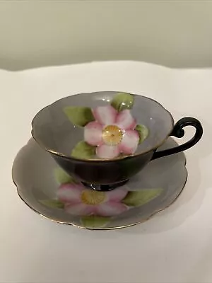 Trimont China Made In Occupied Japan Tea Cup Qnd Saucer Black Grey Gold Trim • $50.06