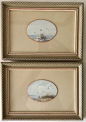 2 New England Cape Cod Seagull Miniature Mini Watercolor Painting Artist Signed • $119.95