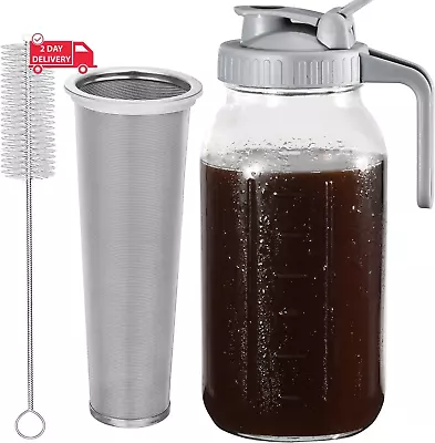 Cold Brew Coffee Maker Pitcher 64 Oz Heavy Duty Wide Mouth Glass Mason Jar Pour • $33.32