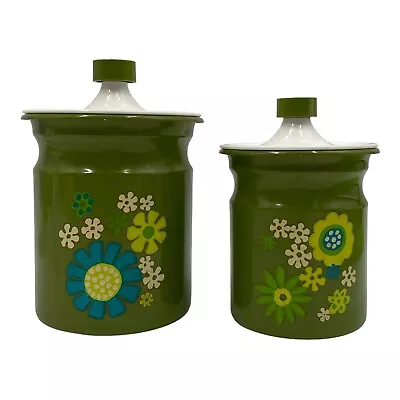 Vintage 60s Kromex 2 Pc Aluminum 1 Lbs & 9 Oz Canister Set Avocado Green Floral • $38