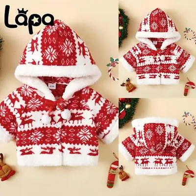 UK Baby Girls Christmas Printed Jacket Xmas Plush Coats Hooded Cardigan Pullover • £2.99