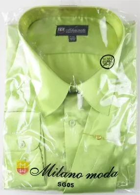 NWT Milano Moda Mens Shiny Chartreuse Satin 4 Pc Dress Shirt Set 20-20.5 (36-37) • $18.39