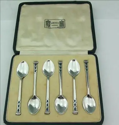  Cased Set Of Solid Silver & Blue Green Enamel Coffee Spoons Liberty & Co 1937 • £399