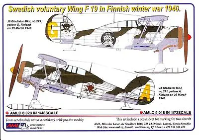 AML Models Decals 1/72 GLOSTER GLADIATOR SWEDISH VOLUNTARY WING WINTER WAR • $9.99