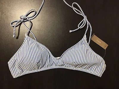 J. Crew Shoulder-Tie Swim French Bikini Top Blue Seersucker Size L New • $4.99