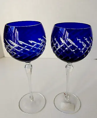 Vintage Handmade Stemware Cobalt Cut To Clear Crystal Glass Wine Goblets 9.25 In • $69
