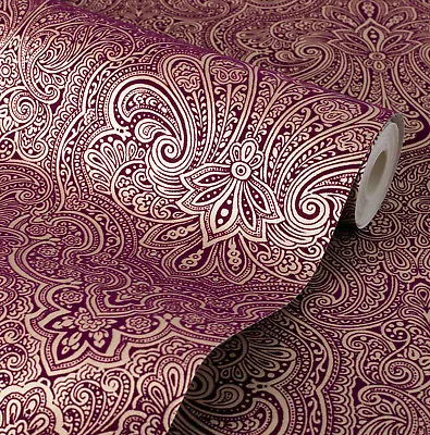 Exclusive Henna Velvet  Damask Wallpaper Flock Purple Gold J902 • £29.99