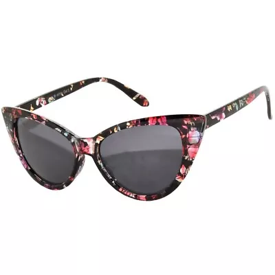 Cateye Floral Black Pattern Sunglasses Dark Smoke Lens Women Uvb Uva Protection • $9.93