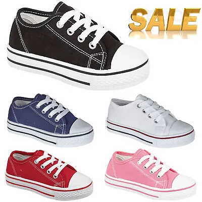 Boys Trainers  Shoes Kids Canvas Girls Casual Pumps Boots Lace Up Plimsolls • £11.95