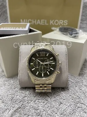 Michael Kors MK8446 Men's Lexington Chronograph Green Dial Gold-tone 44mm Watch • $110