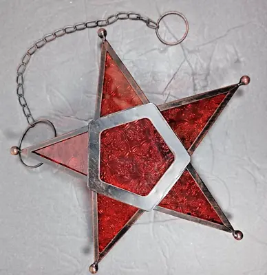 Red Glass & Metal Hanging Star Candle Tea Light Lantern Outdoor Patio Decor • $22.95