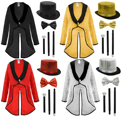 Childs Showman Set Sequin Tailcoat Top Hat Bowtie Fancy Dress Costume Dance Show • £17.99