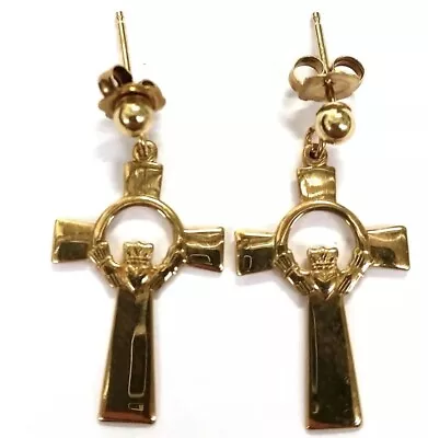 Vtg Sol D’or Irish Celtic Cross Claddagh 14k Yellow Gold Ireland Dangle Earrings • $399