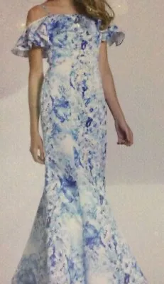 Dave & Johnny Ruffle Mermaid Gown Blue Print Size 9/10 Style 3458 Nwt Free Ship  • $79