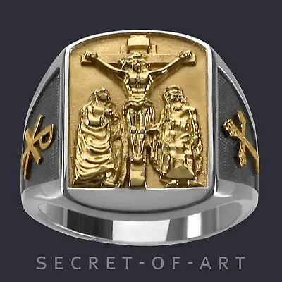 $189.99 • Buy Jesus Ring Silver 925 Crucifixion Mary John Bishop Religious Chi Rho Gold-Plated