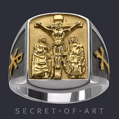 Jesus Ring Silver 925 Crucifixion Mary John Bishop Religious Chi Rho Gold-Plated • $189.99