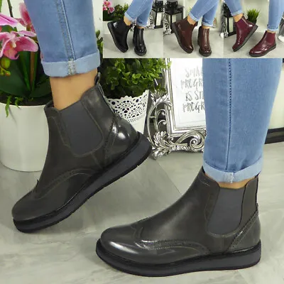 £20.95 • Buy Womens Ankle Chelsea Brogue Boots Ladies Casual Slip On Comfy Smart Flat Shoes