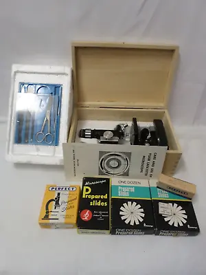 Vintage Lafayette 100X-900X Zoom Microscope In Wood Box With Extra Slides 9.75  • $64.99