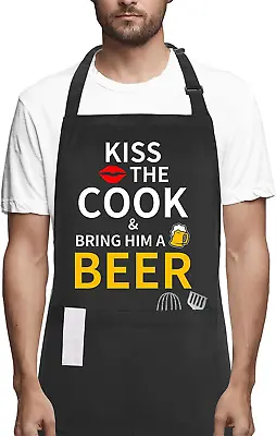 Funny Chef Aprons For Men With Pockets Kiss The Cook Kitchen BBQ Cooking Dad Ap • $26.28