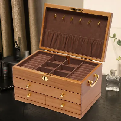 Large Capacity Wooden Jewelry Box 3 Layers W/ Safe Lock Retro Storage Organizer • $52