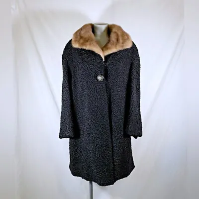 Vintage Black Persian Lamb Mid Length Grannycore Mink Fur Collar Coat~XL~ • $64.99