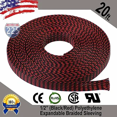 20 FT 1/2  Black Red Expandable Wire Sleeving Sheathing Braided Loom Tubing US • $11.99