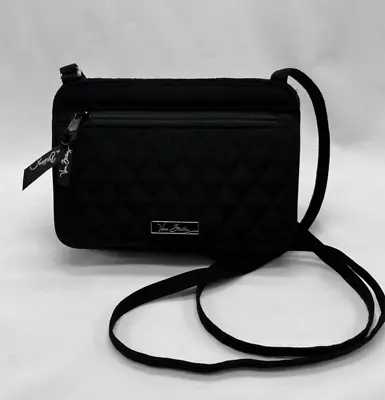 VERA BRADLEY Black Quilted Small Crossbody Bag Purse Front Flap Floral Interior • $19.99