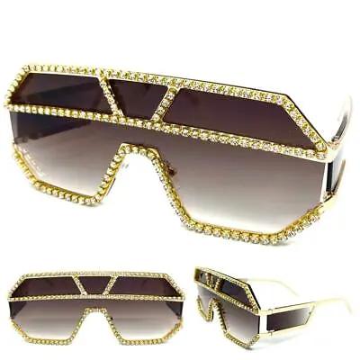 Oversized Retro Shield Bling SUN GLASSES Large Gold Frame Rhinestones Handmade! • $16.99