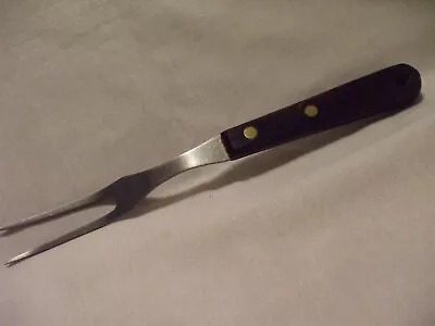 Unbranded 9 1/2  Meat Fork Stainless Steel Brown Wood Handle 2 Brass Rivets • $14