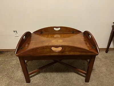 Vintage Hekman Butlers Tray Table Mahogany Coffee Table W/ Pinwheel Inlay • $400