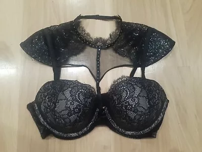 Victoria's Secret Very Sexy High-neck Push-up Bra 36d *black Lace/velvet/sequin • $29.99