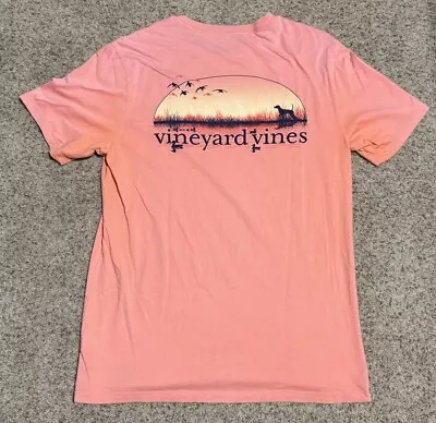 Vineyard Vines T-Shirt Men’s Small Lake Dog Nature Sunset Light Orange Pocket • $14.99