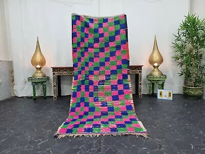 Moroccan Handmade Vintage Rug 3'1 X7' Berber Checkered Pink Green Carpet  • $252