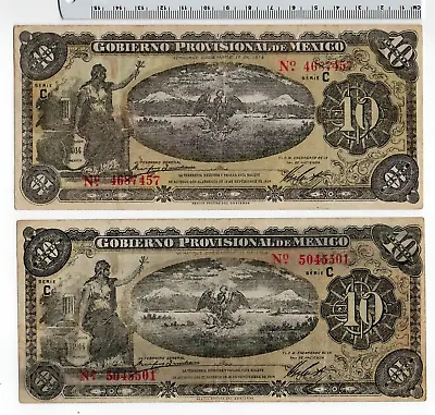 1914 Gobierno Provisional De Mexico 10 Pesos Two Mexican Banknotes Dos Billetes • $32.95