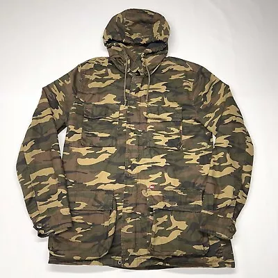 Obey Camo Jacket Mens Large Coat Green Full Zip Hooded Lined Cotton Snap Skate • $78