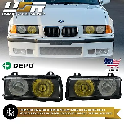 French Yellow/Clear GLASS Lens DEPO Euro Hella Projector Headlights For BMW E36 • $301.46