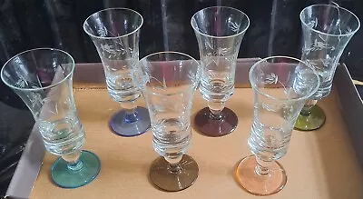 6 Beautiful Vintage Etched Sherry Glasses With Coloured Stems • £9.99