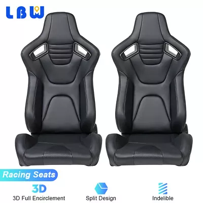 Universal Pair Racing Seats Full Wraped Black + Carbon Leather + Double Sliders • $393.41