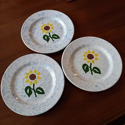 3 La Primula Sunflower 10  Dinner Plates White With Blue Sponge Italy GREAT Cond • $12