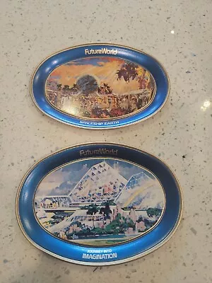  DISNEY FUTURE WORLD 1982 EPCOT Small Metal Trays Spaceship Earth Imagination  • $23