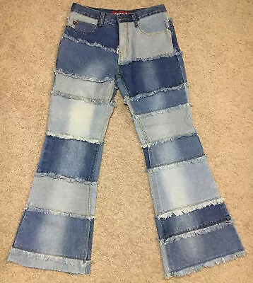 VTG Zana Di Patchwork Jeans Denim Flare Mid Rise Hippie Boho Raw Fringe Size 7 • $48.29