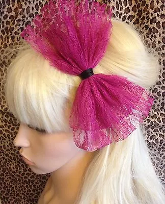 NEW DARK PINK LACE BOW ALICE HAIR HEAD BAND 80s STYLE RETRO PARTY FANCY DRESS  • £4.99