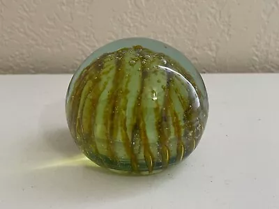 Art Glass Signed Mdina In Malta Paperweight W/ Yellow & Clear Design • $40