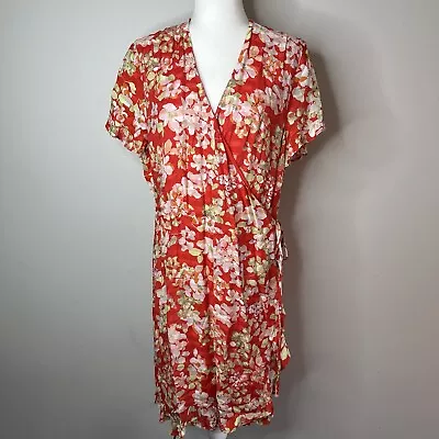 J Jill Womens Floral Red Orange Ruffled Lined Short Sleeve Casual Wrap Dress L • $20.24
