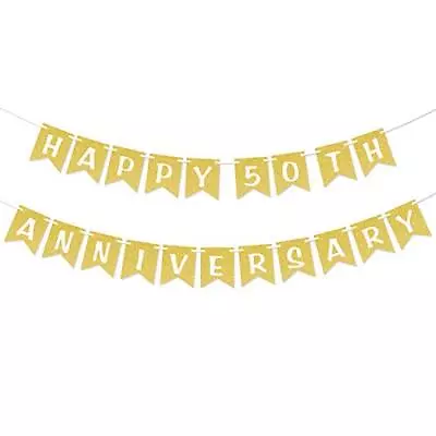 Happy 50th Anniversary Gold Glitter Banner Anniversary Wedding Party Decorations • $14.46