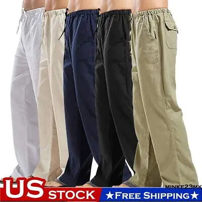 ⭐️️Mens Summer Beach Cotton Linen Pants Drawstring Elastic Waist Loose Trousers • $18.26