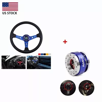 Blue 345mm Deep Dished Racing Steering Wheel+Ball Quick Release Adapter Kit • $57.79