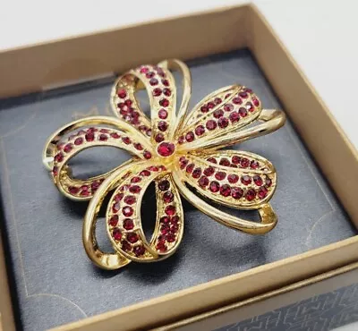 Monet Ribbon Wreath Brooch Pin Pave Rhinestones Red & Gold Tone 2.25 In • $27.21