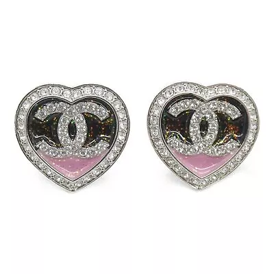 CHANEL Pierced Earrings Heart C23N Gold Plated Rhinestones Used • $1578.10